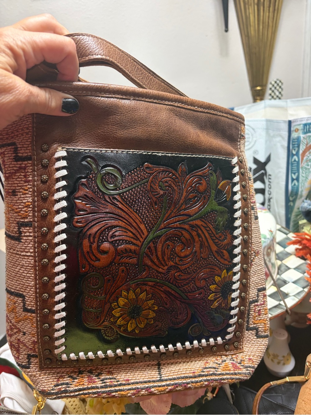 Myra Bag Brown Leather Crossbody with Embossed Floral Panel
